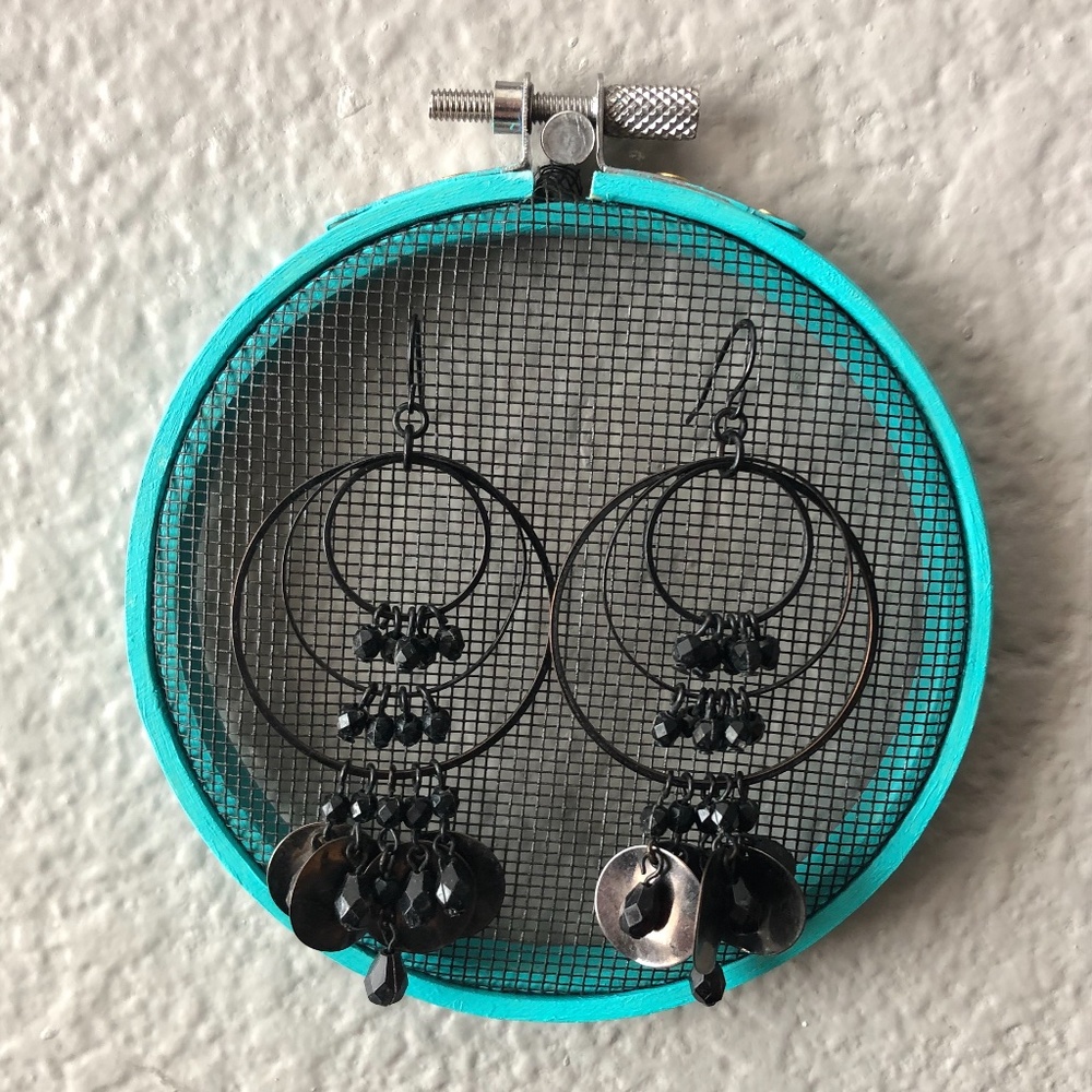 Black Beaded Dangling Hoops